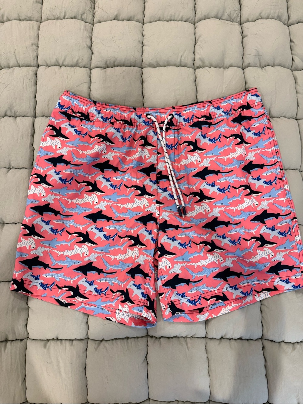 Men's Pink Shark-Print Swim Trunks with Drawstring